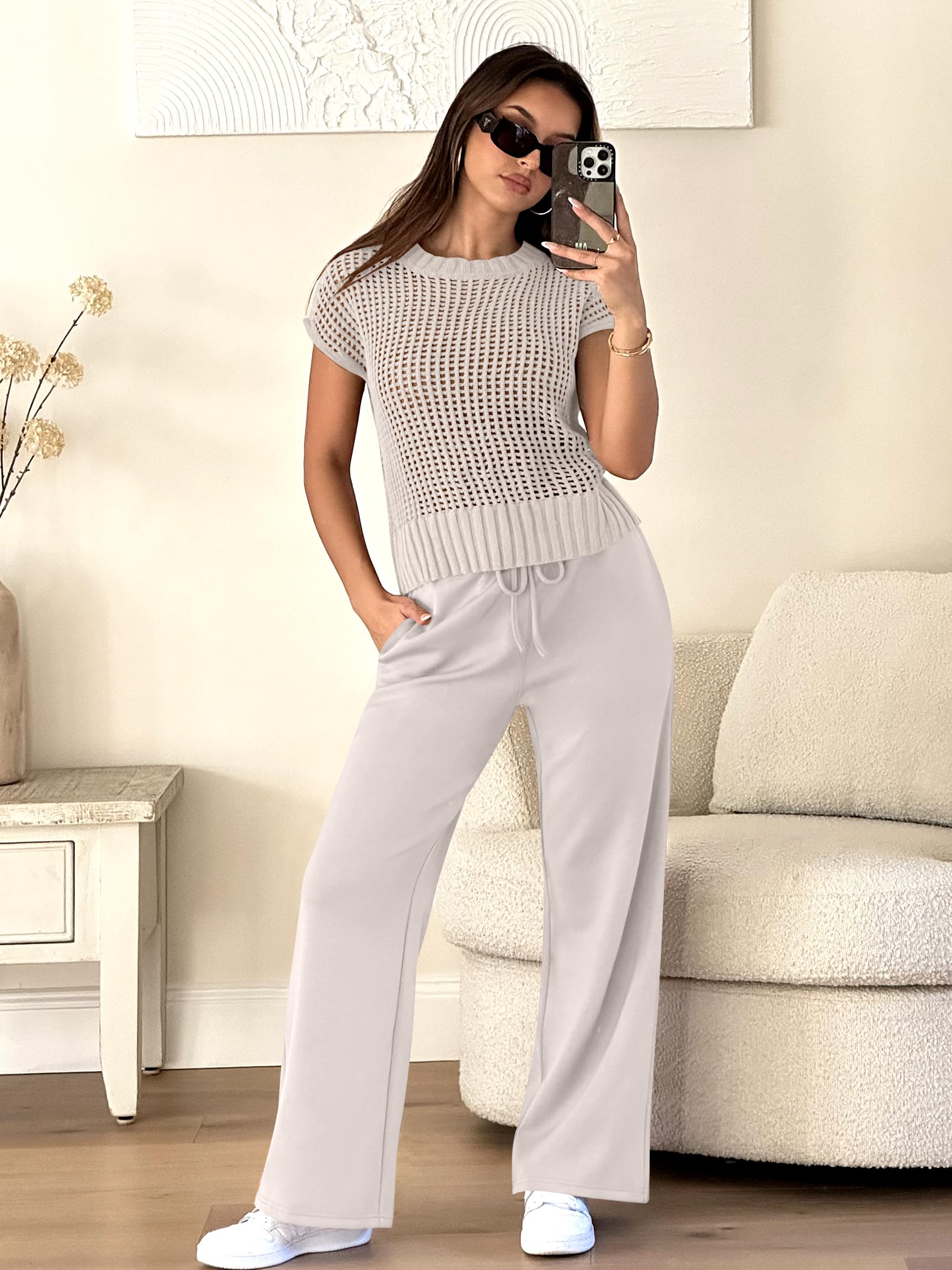 Easy Crochet Texture Top Wide Leg Pants Set