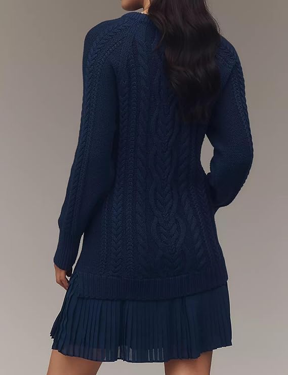 Cable Knit Twofer Mini Dress with Pleated Hem (Buy 2 Free Shipping)