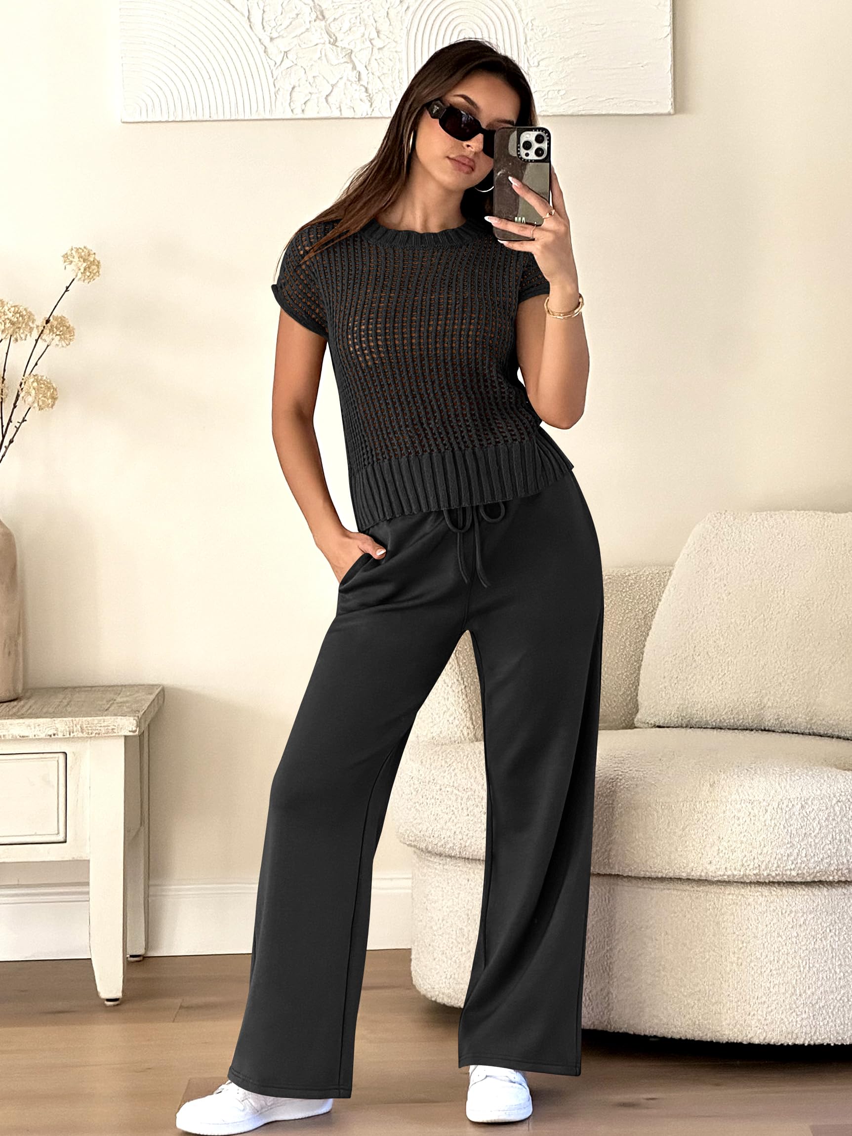 Easy Crochet Texture Top Wide Leg Pants Set