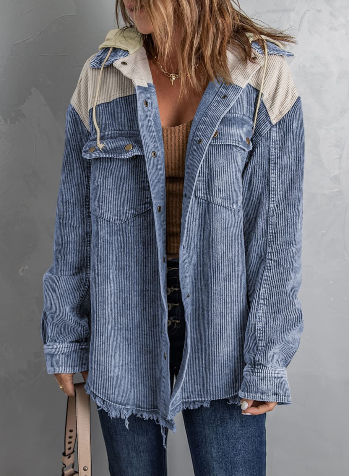 2024 Fall Long Sleeve Button Down Color Block Corduroy Hooded Jacket(BUY 2 10% OFF)
