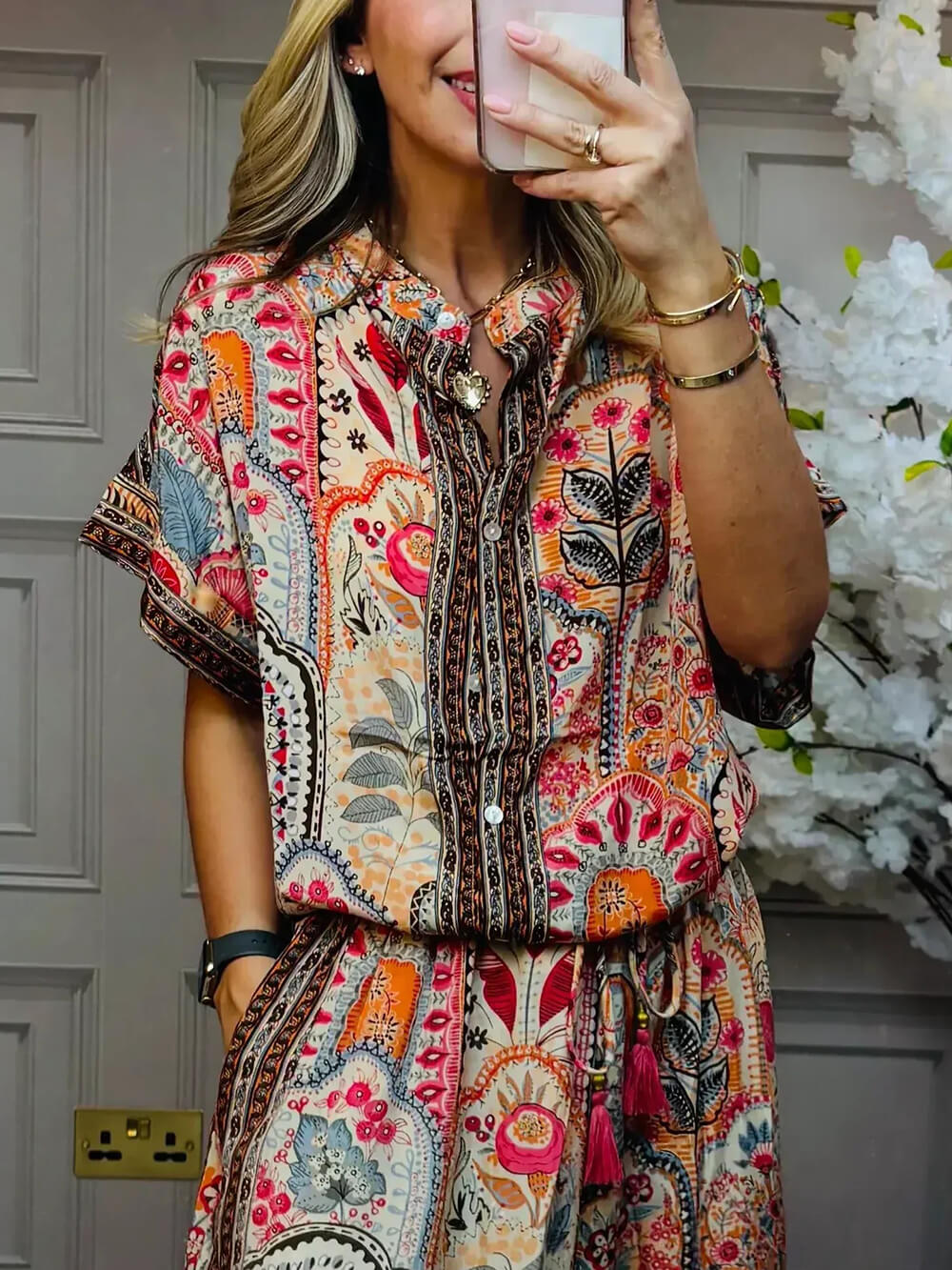 Vintage Floral Print Top & Wide Leg Pants Two Piece Set (Buy 2 Free Shipping)