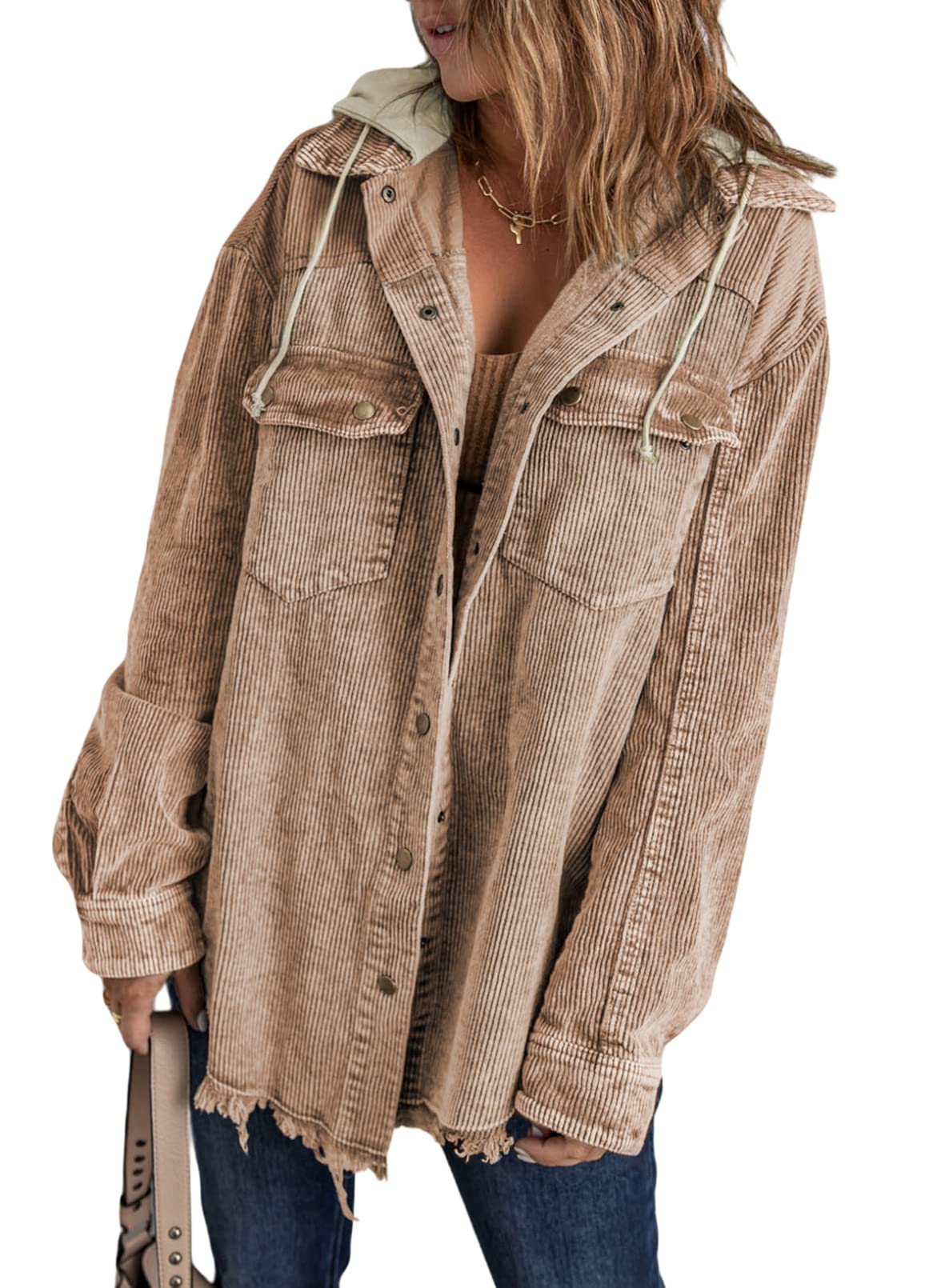 2024 Fall Long Sleeve Button Down Color Block Corduroy Hooded Jacket(BUY 2 10% OFF)