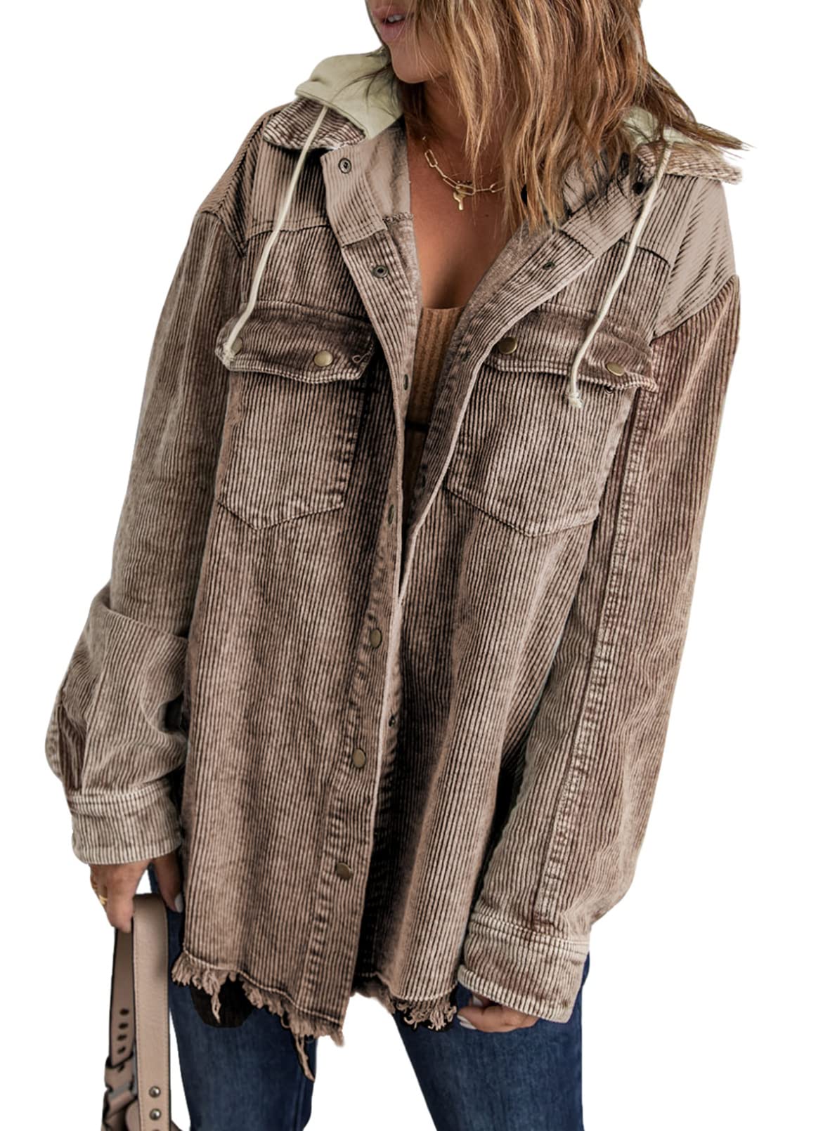 2024 Fall Long Sleeve Button Down Color Block Corduroy Hooded Jacket(BUY 2 10% OFF)