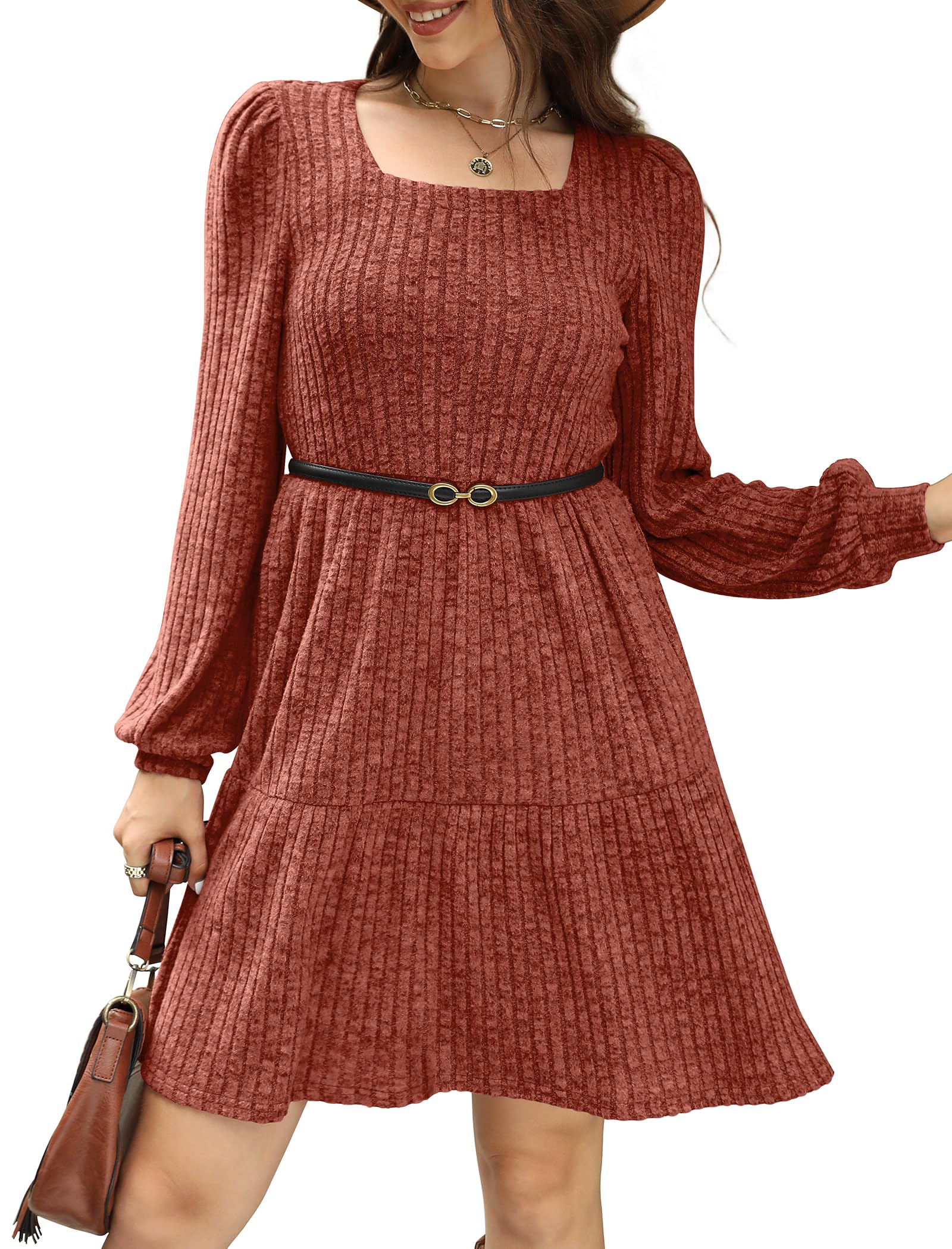 Limited time sale🔥Women's Square Neck Lantern Sleeve Ribbed Dress(Buy 2 Free Shipping)