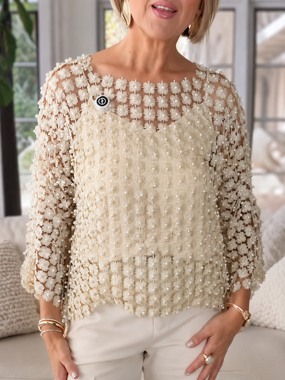 Elegant Floral Pearl Crochet Mesh Top (Buy 2 Free Shipping)