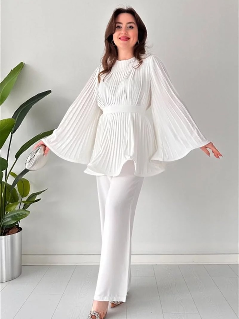 Pleated Bell Sleeve Top and Wide-Leg Pants Two Piece Set (Buy 2 Free Shipping)
