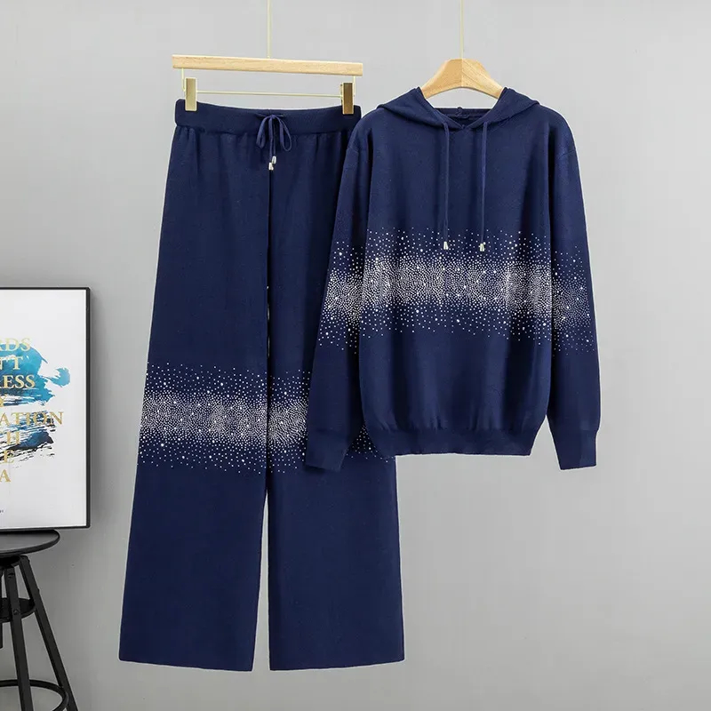 Elegant Gradient Sparkle Rhinestone Hoodie & Wide-Leg Pants Set (Buy 2 Free Shipping)
