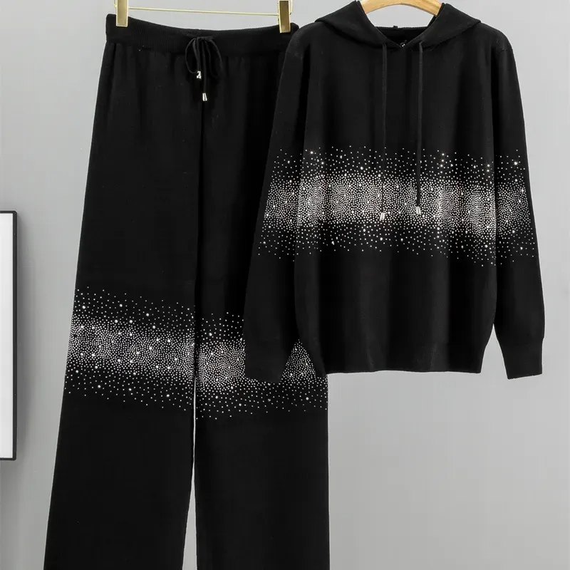 Elegant Gradient Sparkle Rhinestone Hoodie & Wide-Leg Pants Set (Buy 2 Free Shipping)