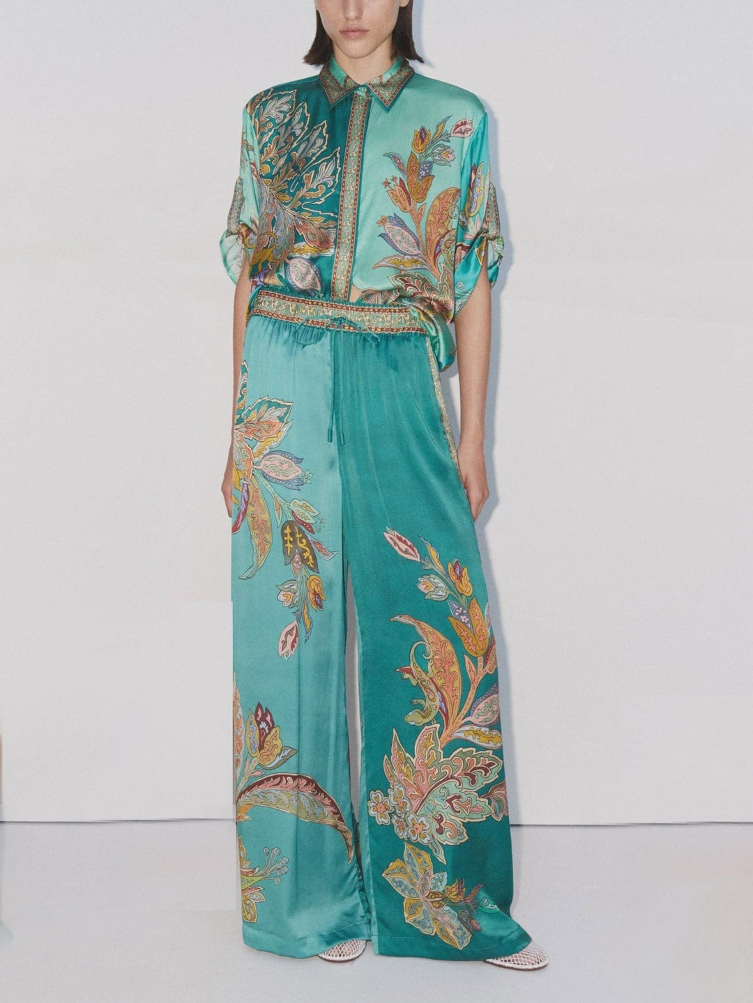 Exquisite Satin Botanical Print Loose Two-Piece Set (Buy 2 Free Shipping)