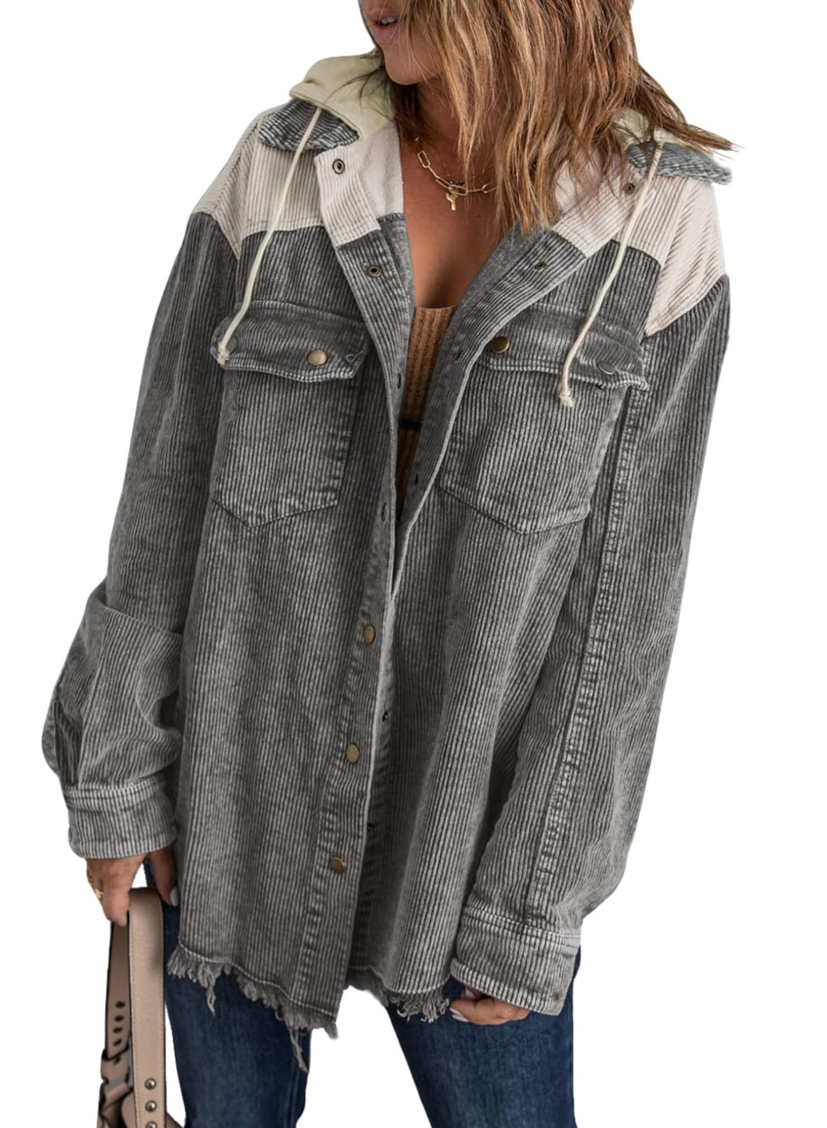 2024 Fall Long Sleeve Button Down Color Block Corduroy Hooded Jacket(BUY 2 10% OFF)