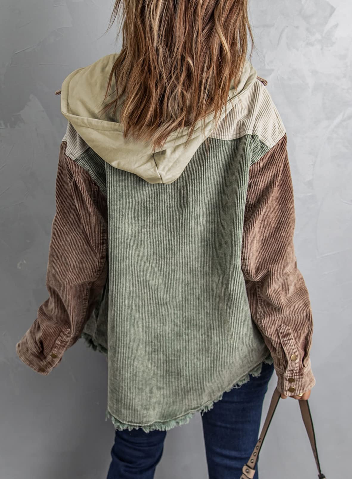 2024 Fall Long Sleeve Button Down Color Block Corduroy Hooded Jacket(BUY 2 10% OFF)