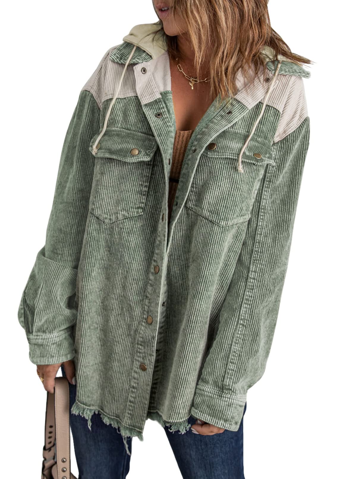 2024 Fall Long Sleeve Button Down Color Block Corduroy Hooded Jacket(BUY 2 10% OFF)