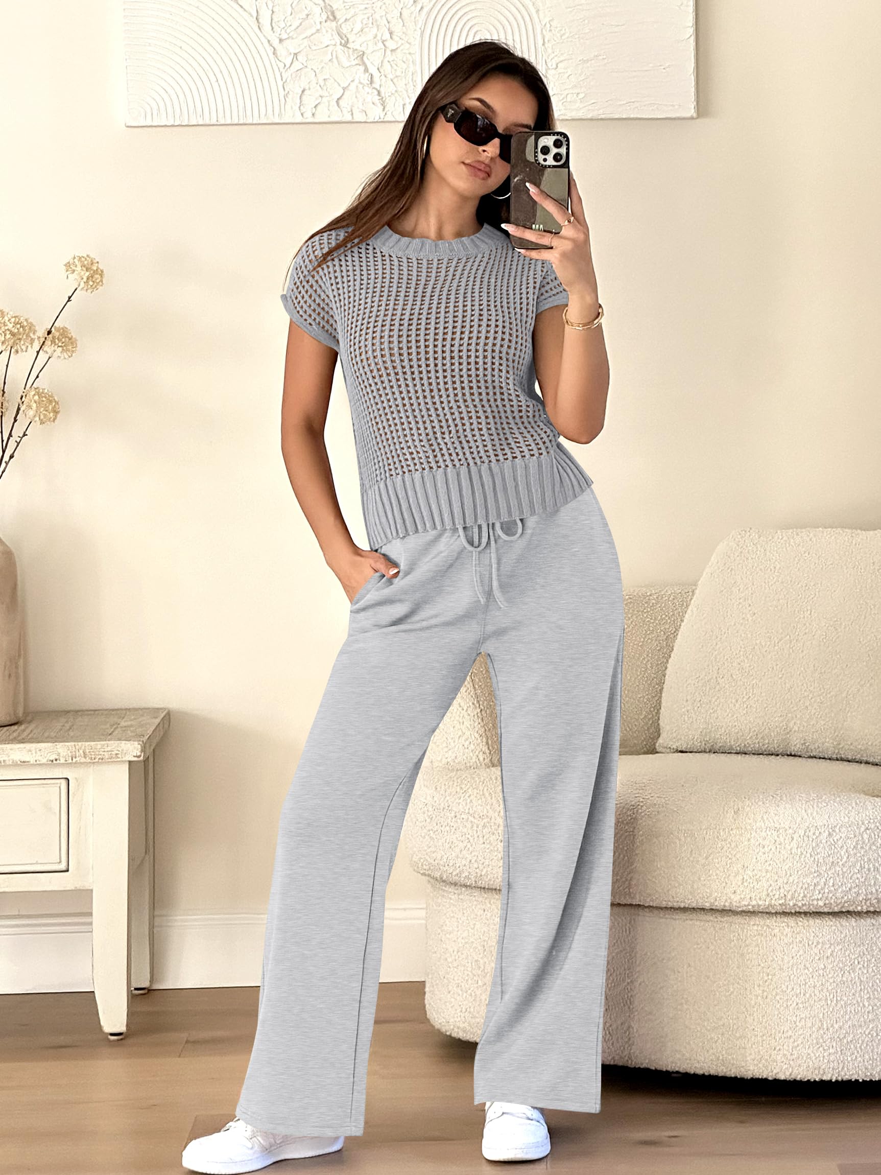 Easy Crochet Texture Top Wide Leg Pants Set