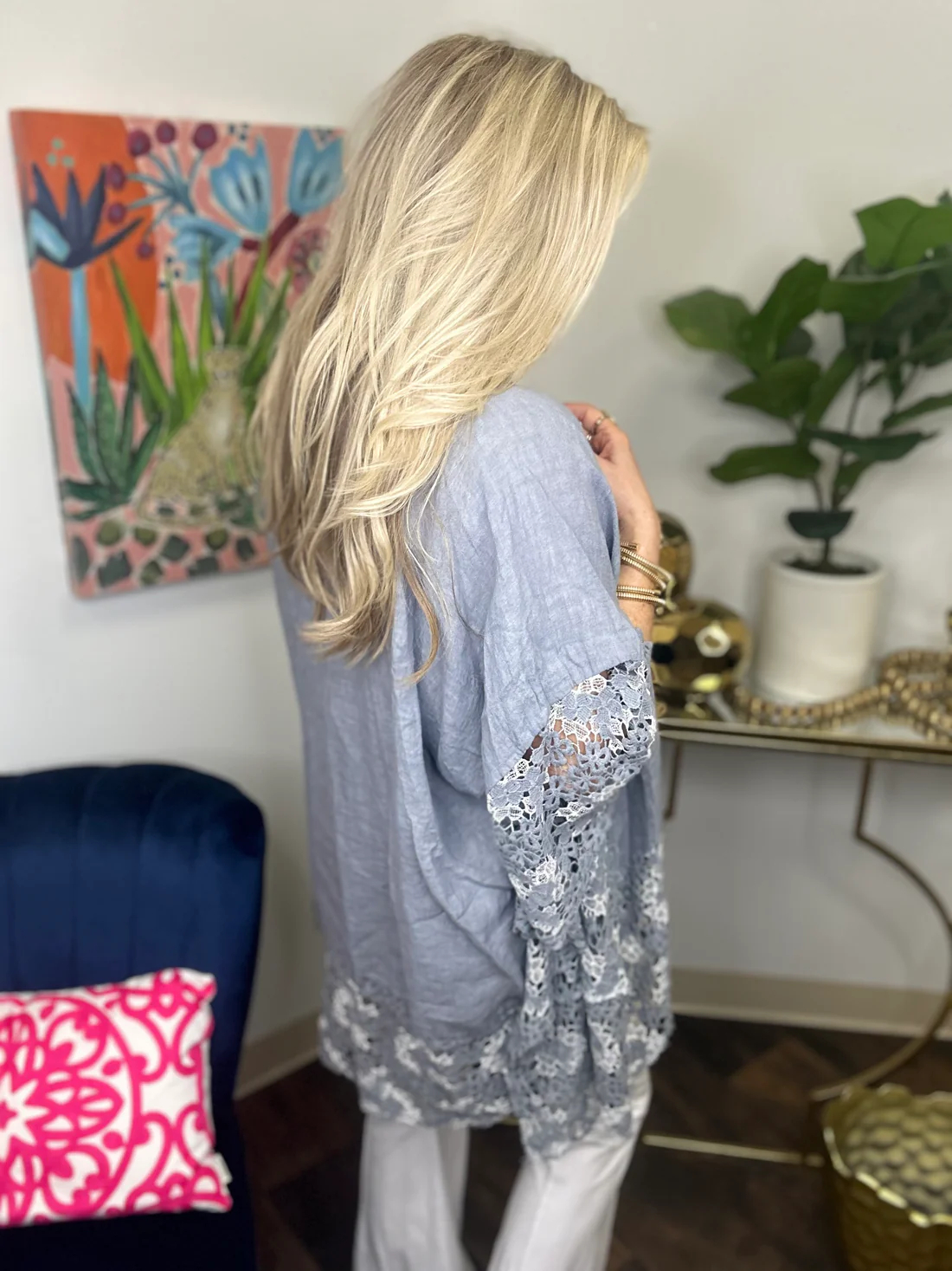 Elegant Embroidered Lace Hem Batwing Sleeve Blouse