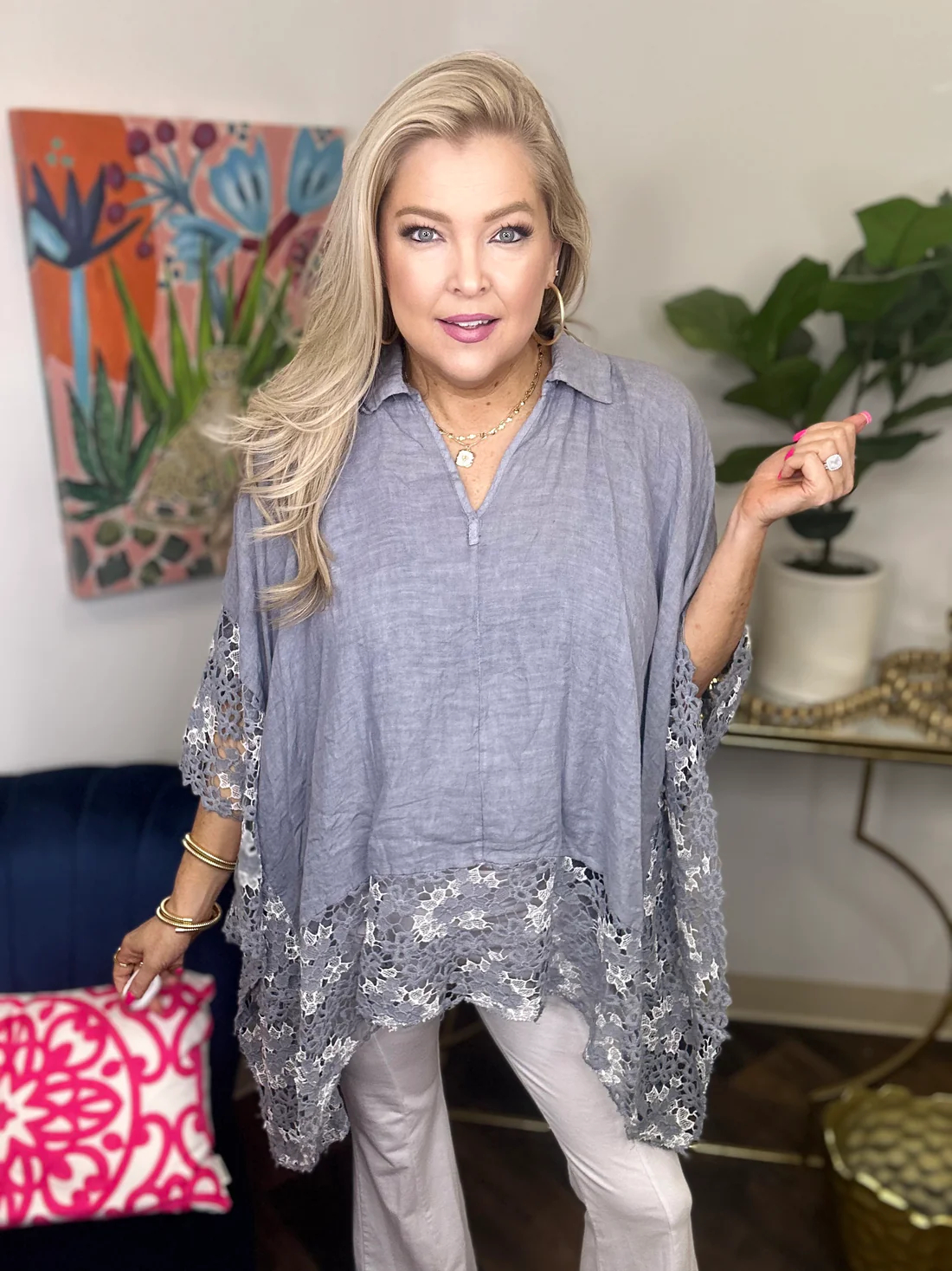 Elegant Embroidered Lace Hem Batwing Sleeve Blouse