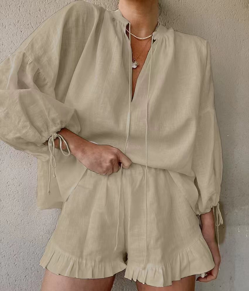 [PL] Tie-Neck Blouse Ruffle Shorts Two-Piece Set