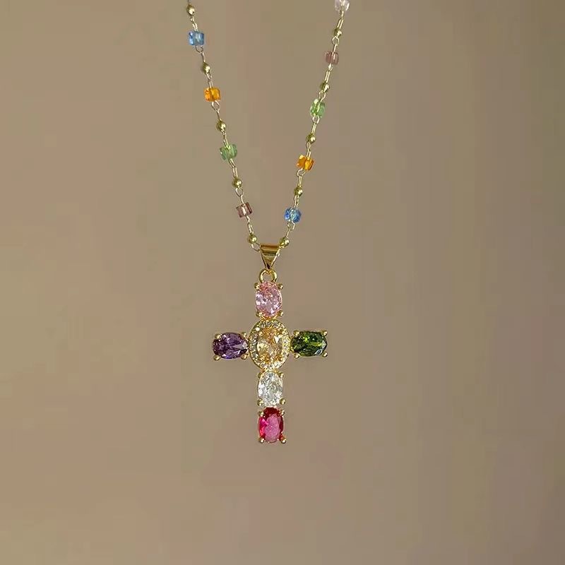 Vibrant Multicolor Crystal Cross Pendant Necklace