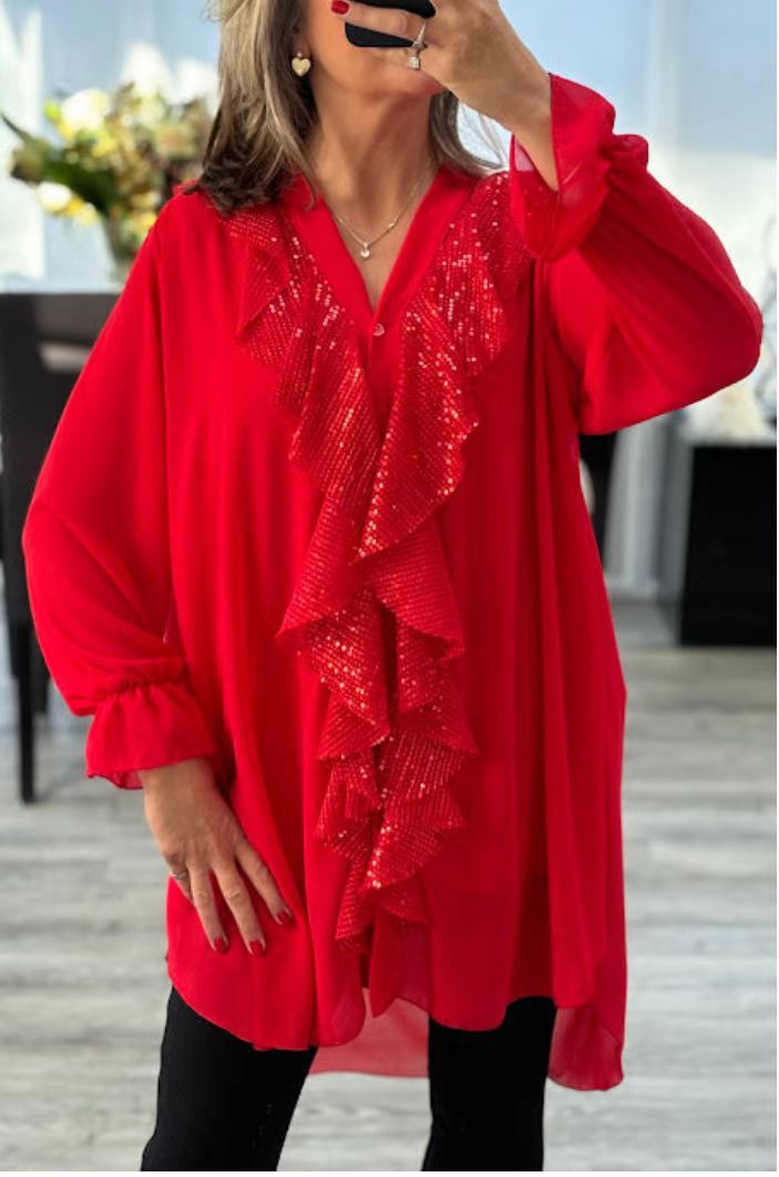 Sequin Ruffle V Neck Chiffon Loose Fit Blouse Top (Buy 2 Free Shipping)
