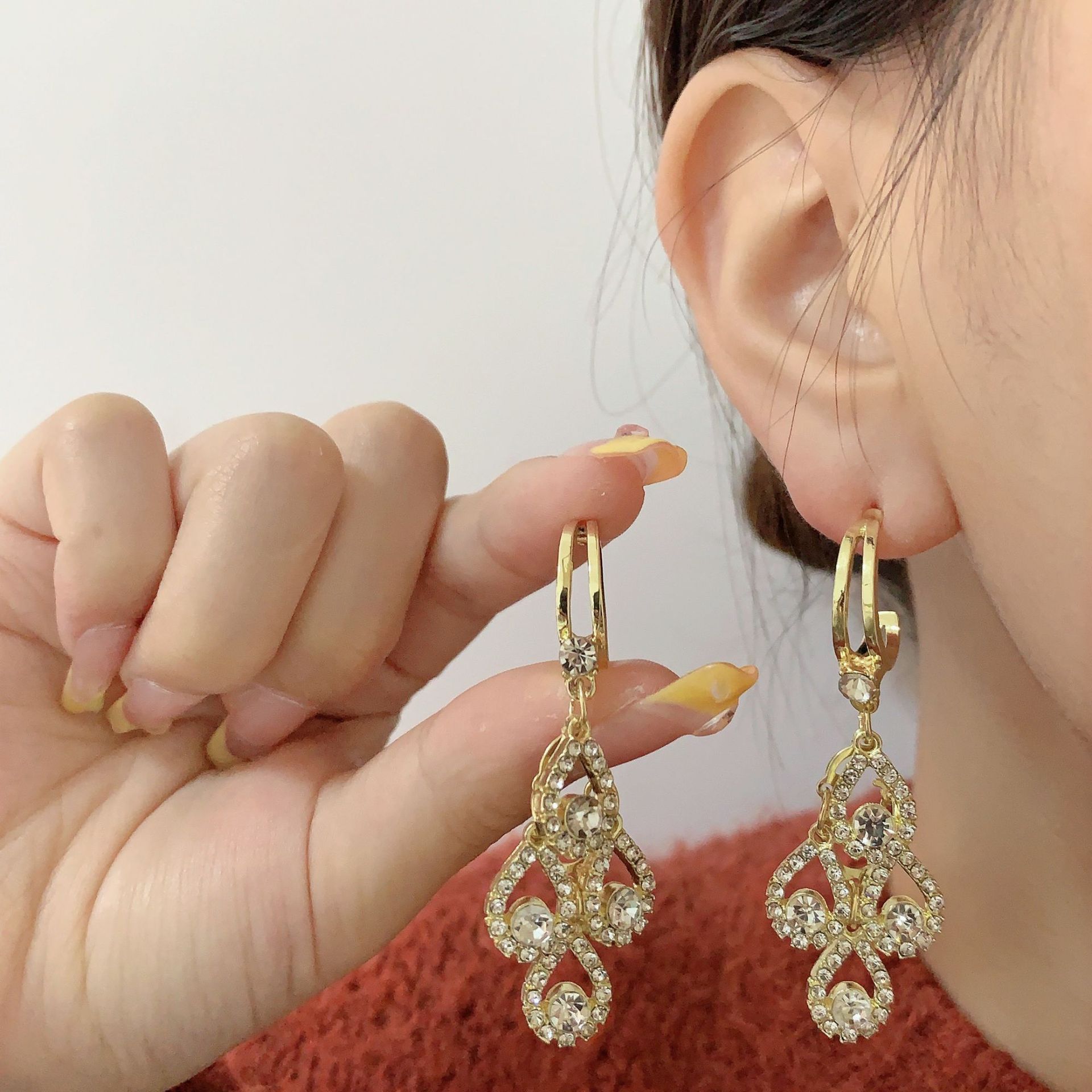 Purple Crystal Water Drop Long Tassel Earrings