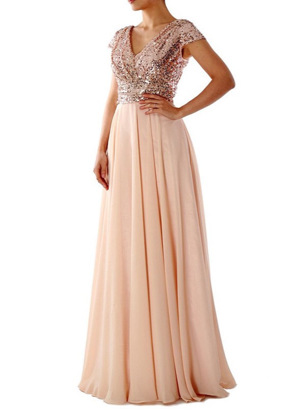 Sequin Cap Sleeve Maxi Chiffon Evening Dress