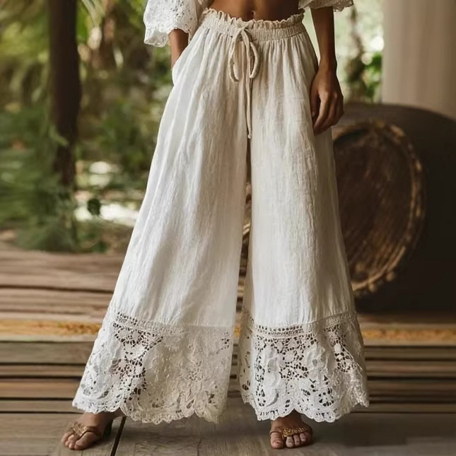 Floral Lace-Hem Drawstring Wide-Leg Pants