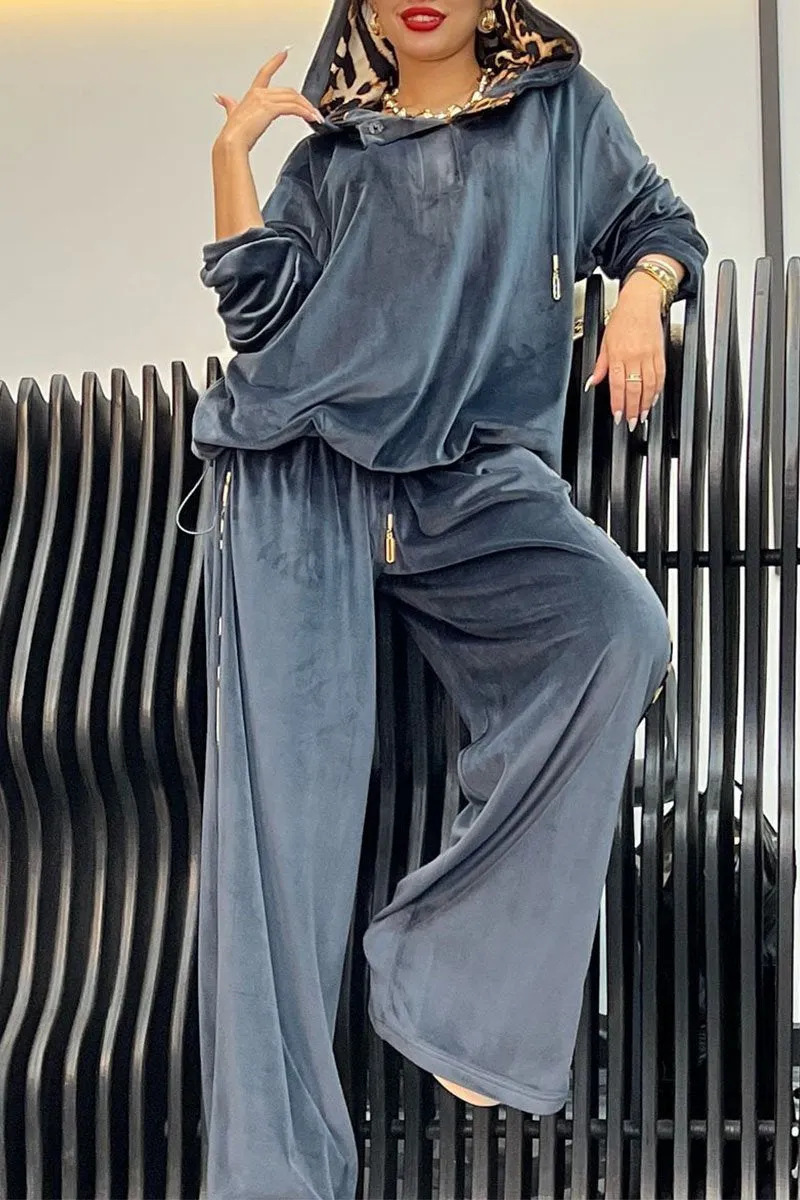Elegant Velvet Hooded Top with Leopard Detail and Wide Leg Pants Set (Buy 2 Free Shipping)