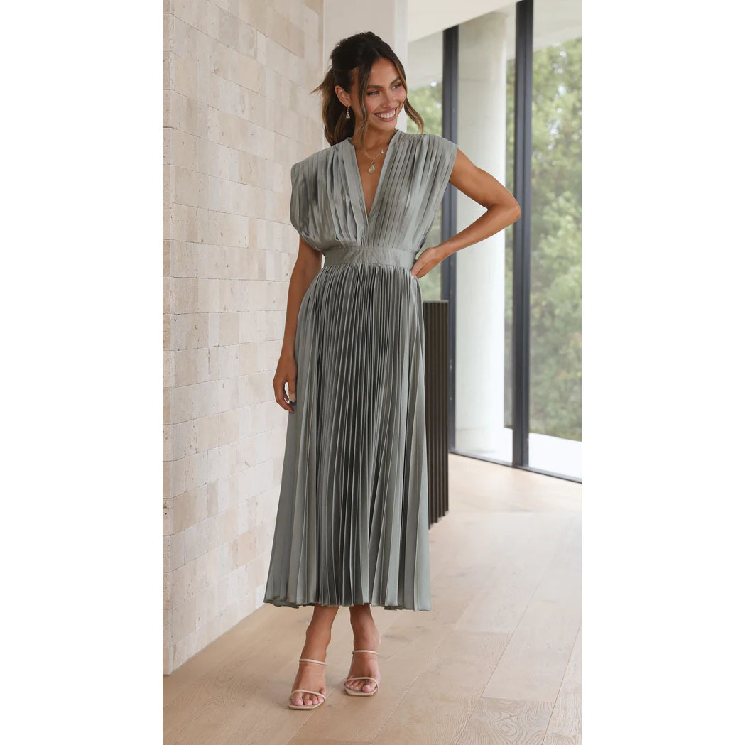[PL] Pleated Defined-Waist Open-Back Midi Dress