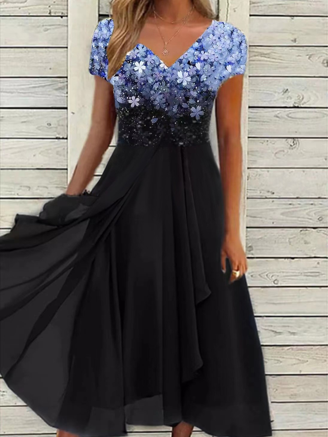 Gradient Printed V Neck Midi Dress (Buy 2 Free Shipping)