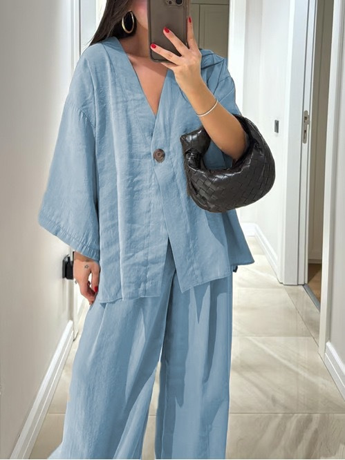 Relaxed Kimono Sleeve Top & Wide Leg Two Piece Set (Buy 2 Free Shipping)