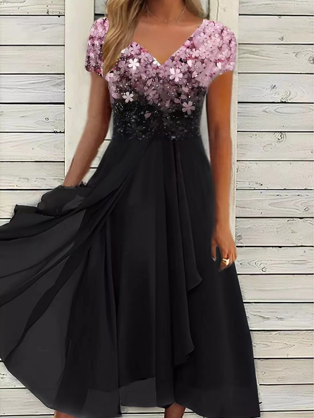 Gradient Printed V Neck Midi Dress (Buy 2 Free Shipping)