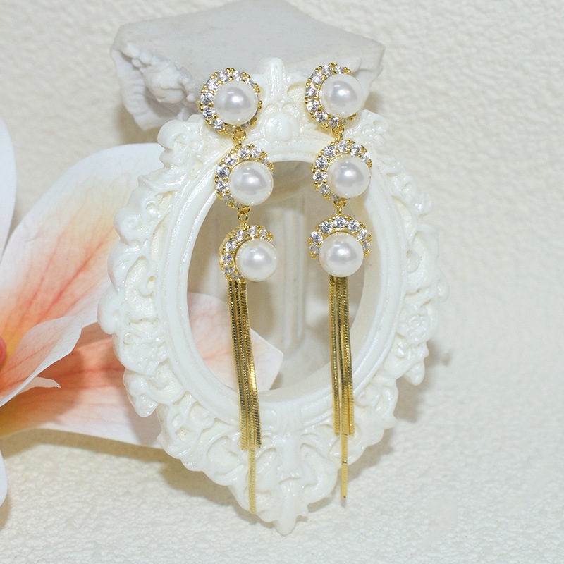 Elegant Pearl & Zircon Tassel Earrings