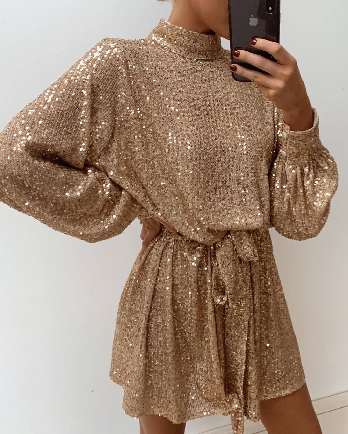 Elegant Sequin Mock Neck Belted Mini Dress(Buy 2 Free Shipping)