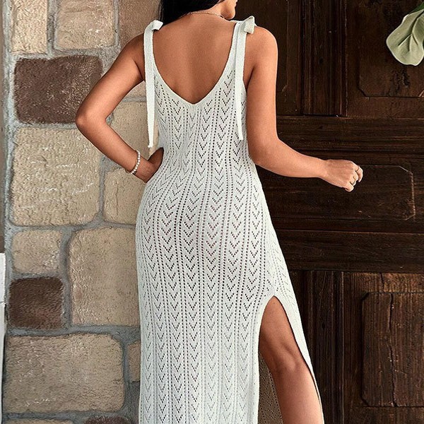 Elegant Crochet Knit Tie-Shoulder Side Slit Dress