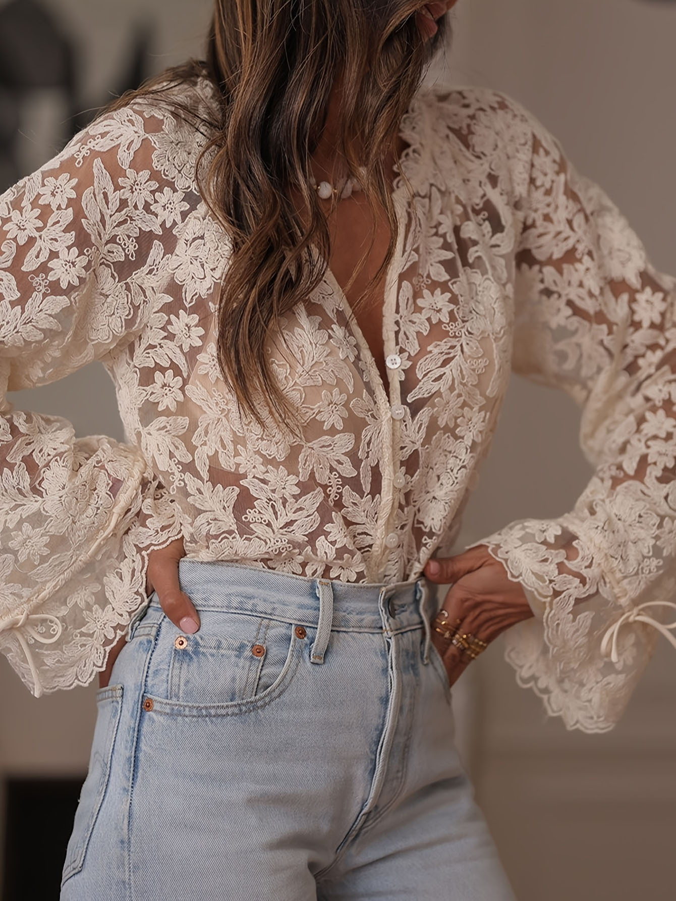 Elegant Lace Floral Embroidered Bell Sleeve Blouse
