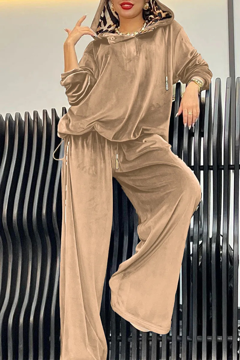 Elegant Velvet Hooded Top with Leopard Detail and Wide Leg Pants Set (Buy 2 Free Shipping)