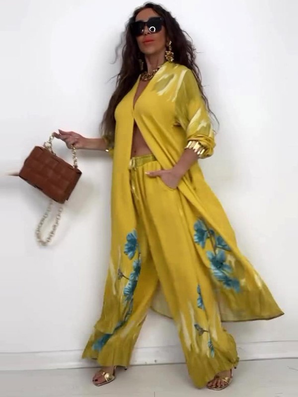 Elegant Watercolor Floral Longline Top Wide Leg Set