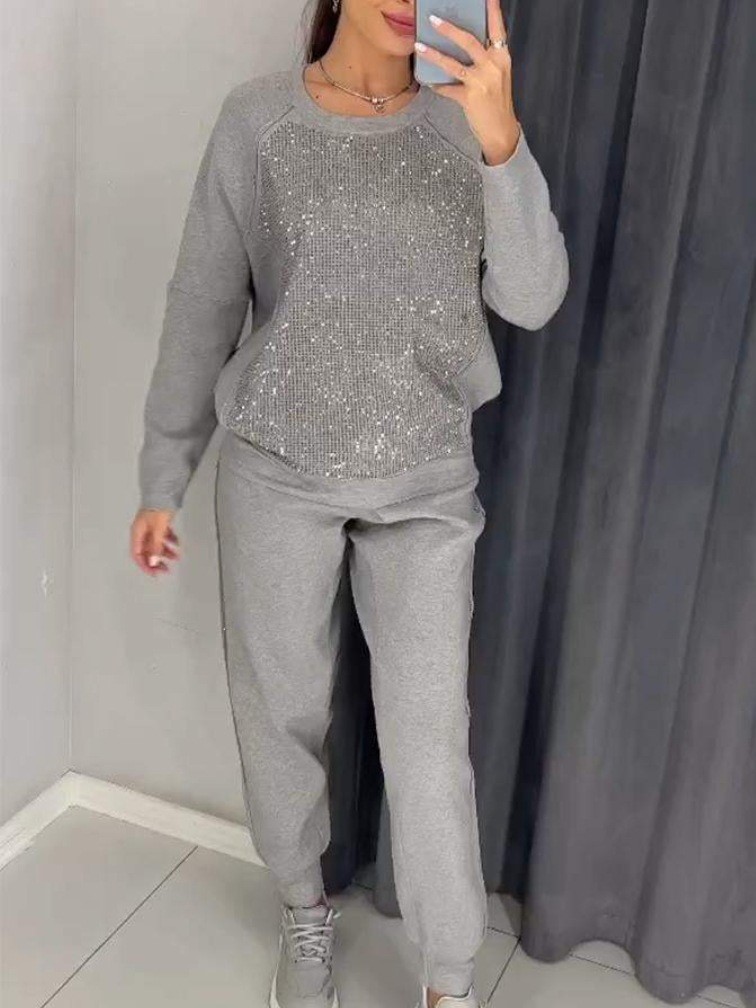 Cozy Knit Set with Sequin Panel Pullover and Tapered Pants (Buy 2 Free Shipping)