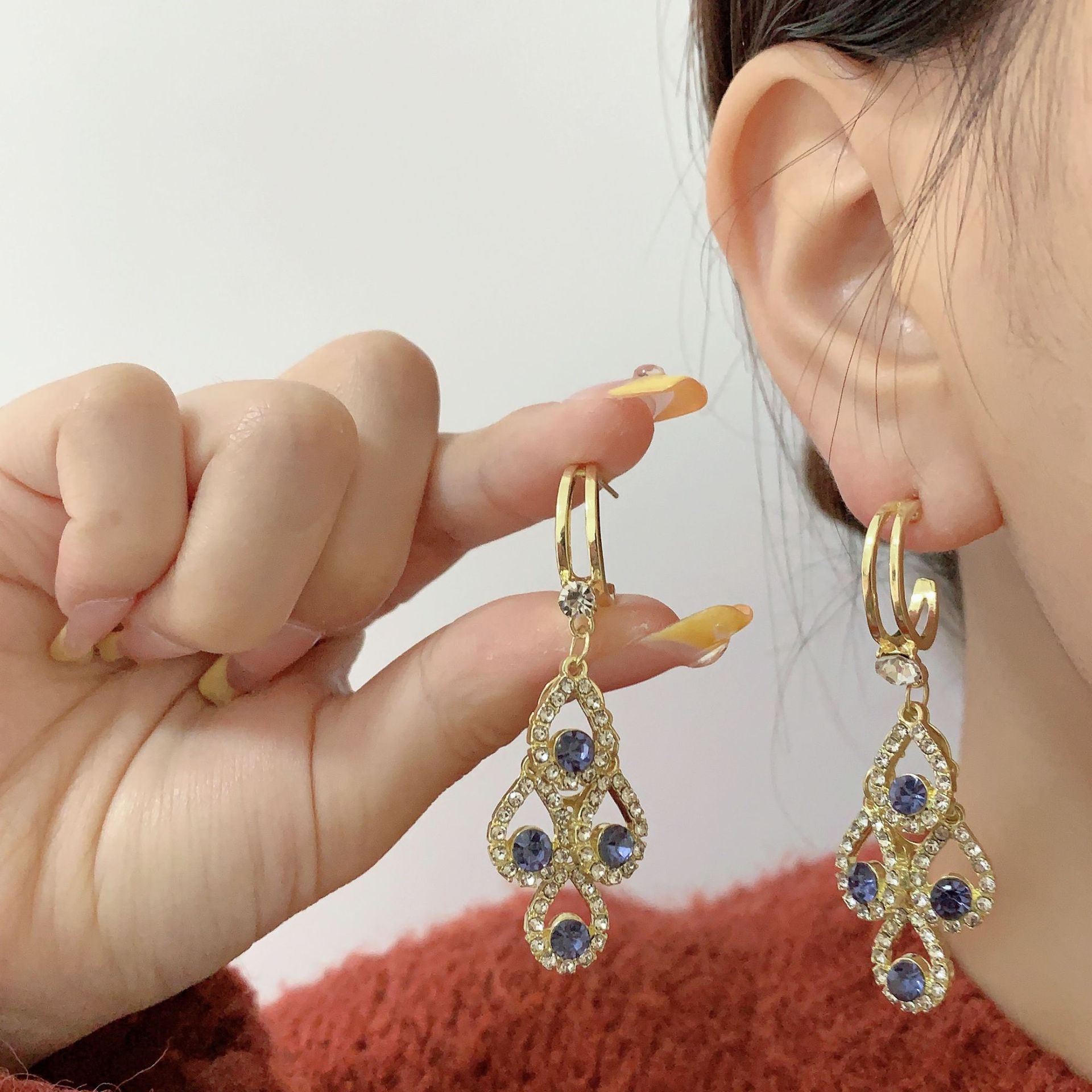 Purple Crystal Water Drop Long Tassel Earrings