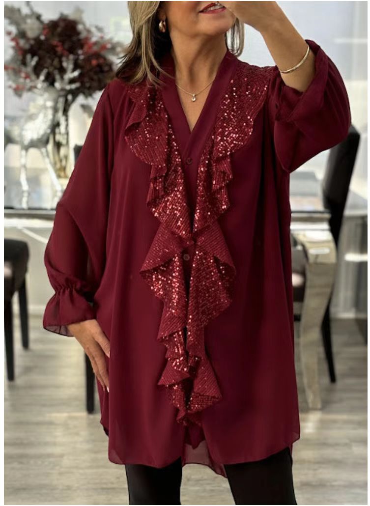 Sequin Ruffle V Neck Chiffon Loose Fit Blouse Top (Buy 2 Free Shipping)