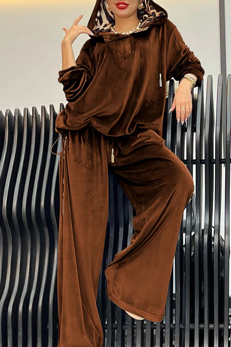 Elegant Velvet Hooded Top with Leopard Detail and Wide Leg Pants Set (Buy 2 Free Shipping)