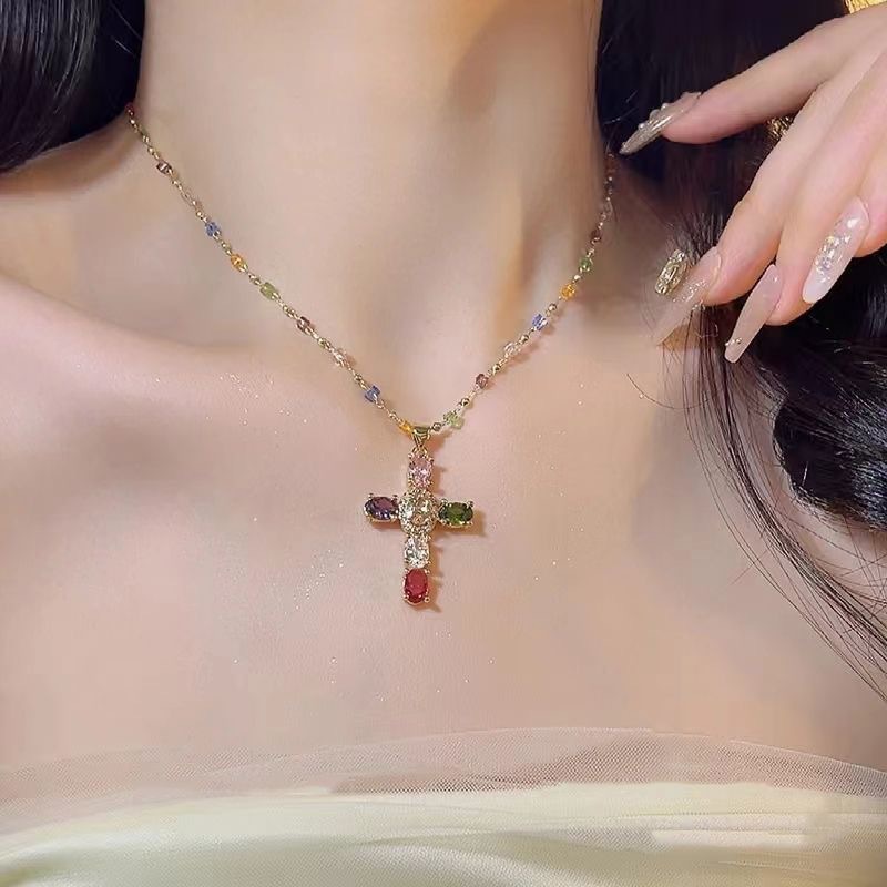 Vibrant Multicolor Crystal Cross Pendant Necklace