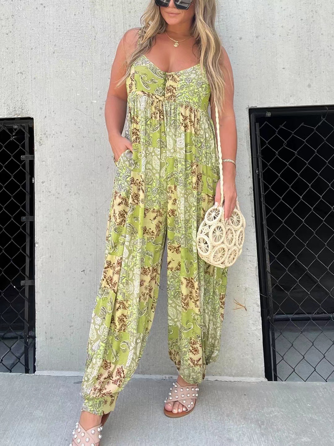 Boho Printed Wide Leg Spaghetti Strap Jumpsuit