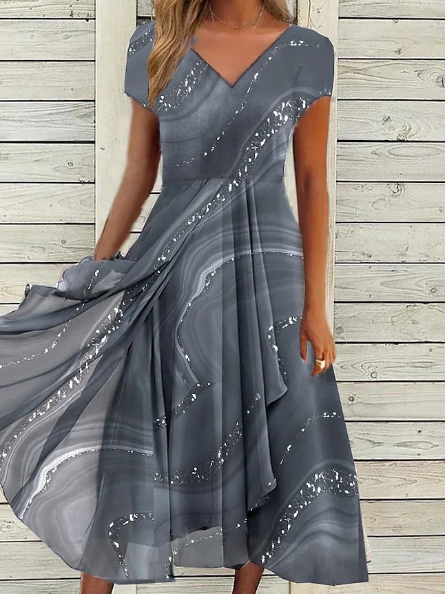 Elegant V-Neck Flowing Marble Print Midi Dress
