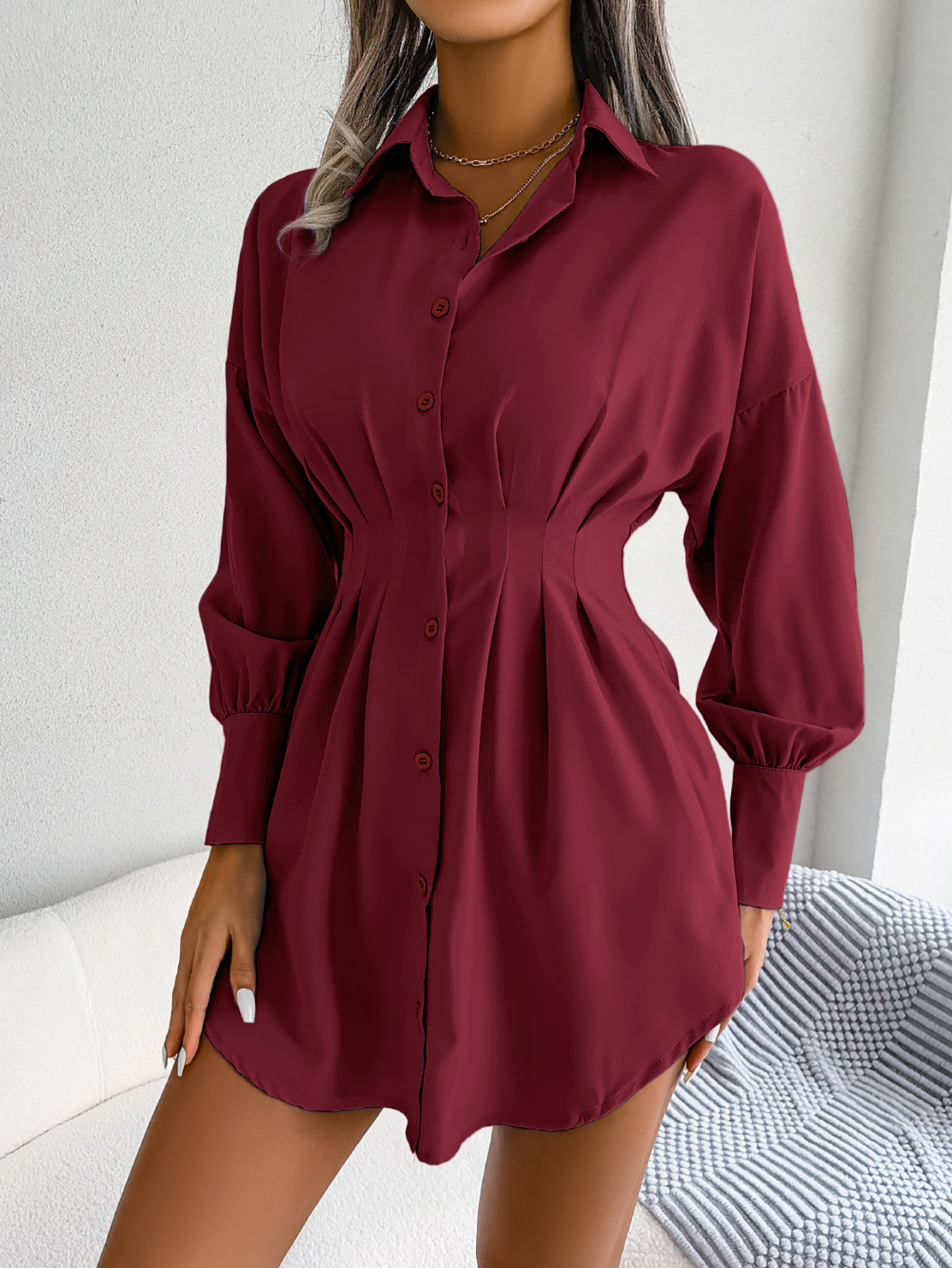 [PL] Pleated Waist Button-Front Shirt Dress