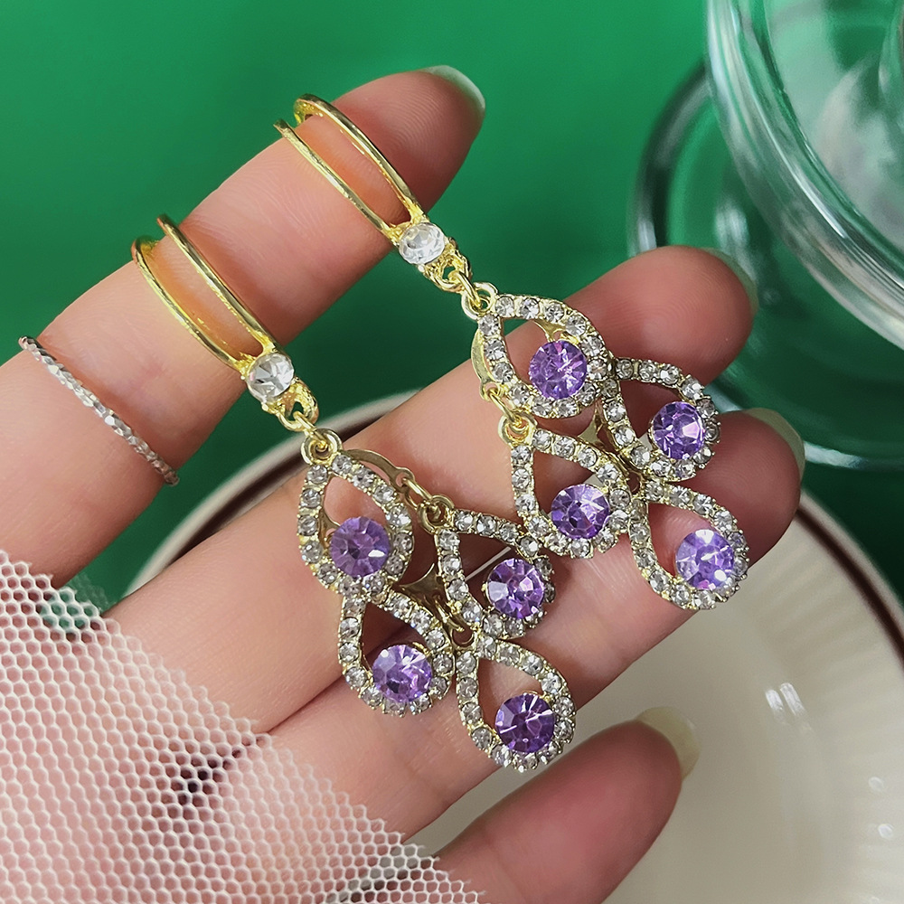 Purple Crystal Water Drop Long Tassel Earrings