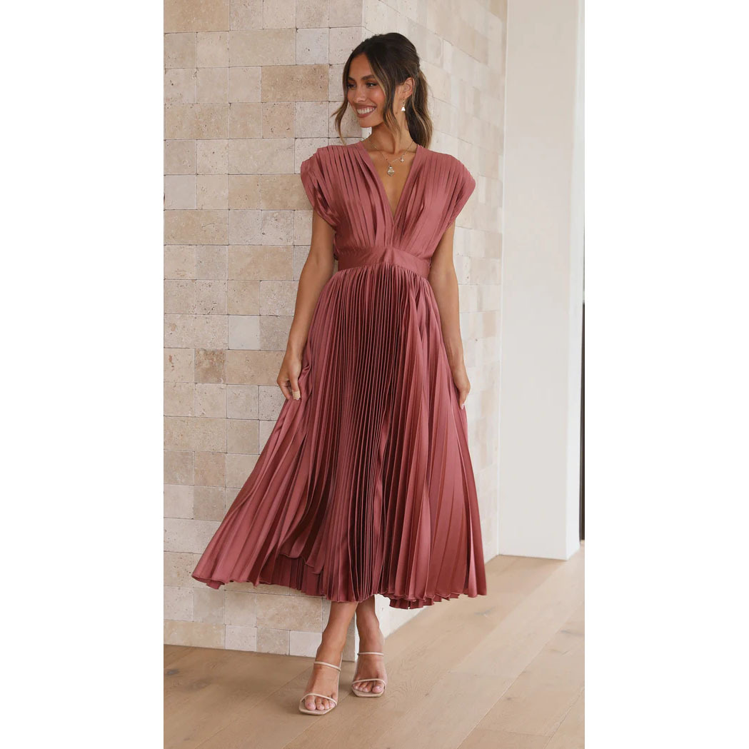 [PL] Pleated Defined-Waist Open-Back Midi Dress