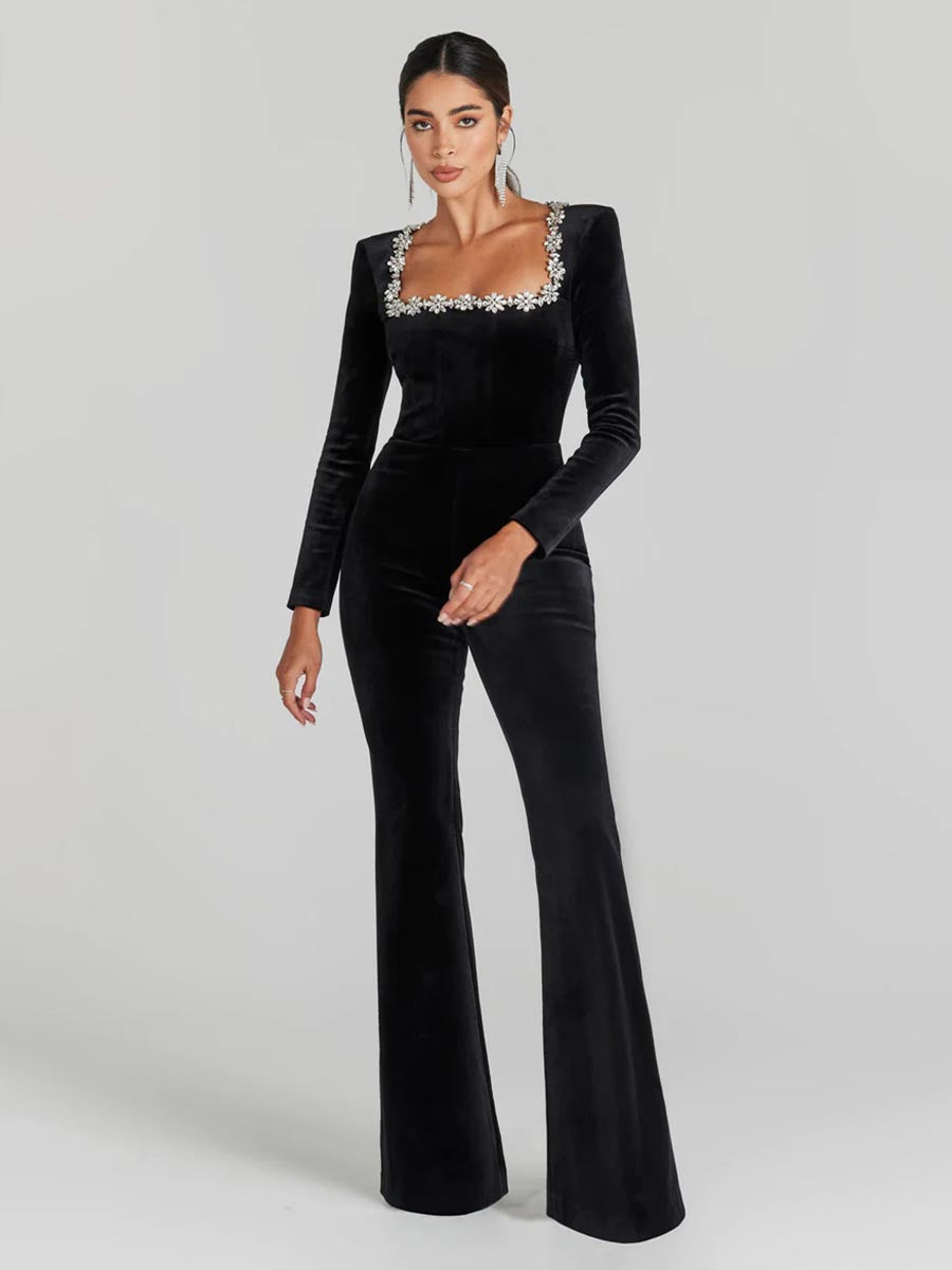 Rhinestone Square Neck Velvet Jumpsuits (Free Shipping)