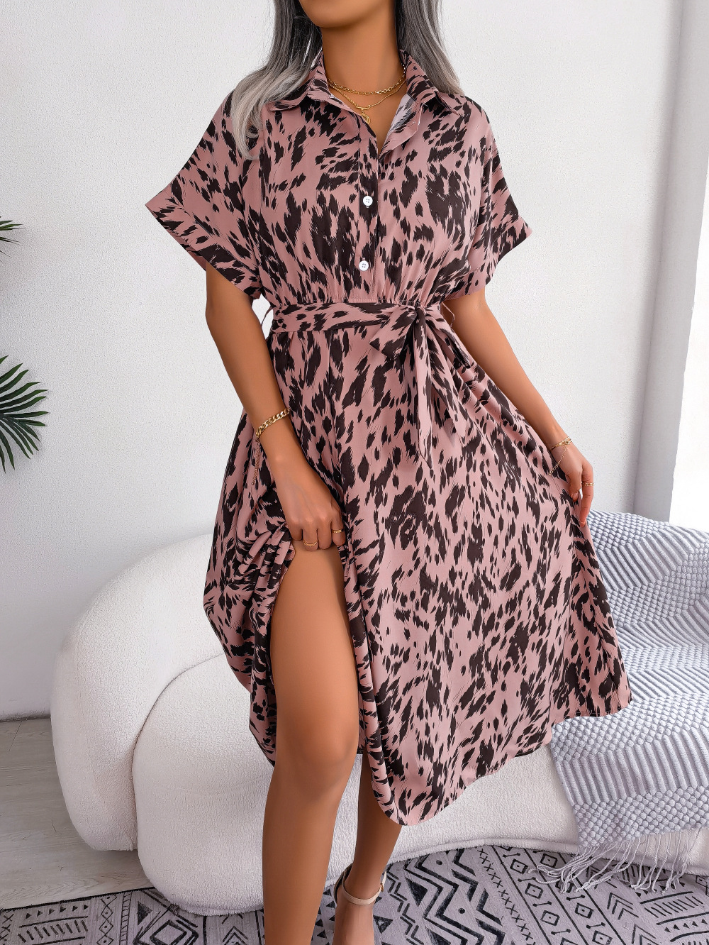 [PL] Abstract Print Tie-Waist Button-Front Midi Shirt Dress