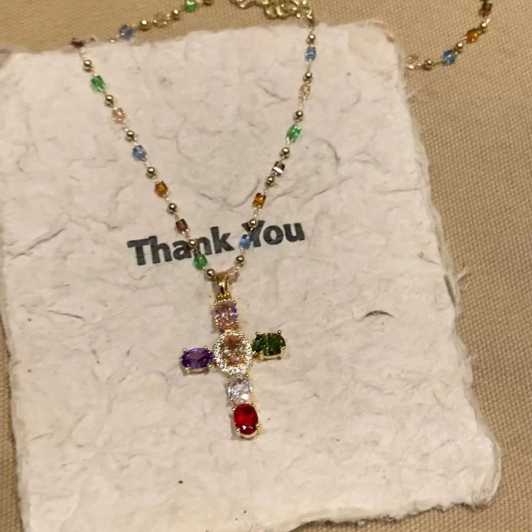 Vibrant Multicolor Crystal Cross Pendant Necklace