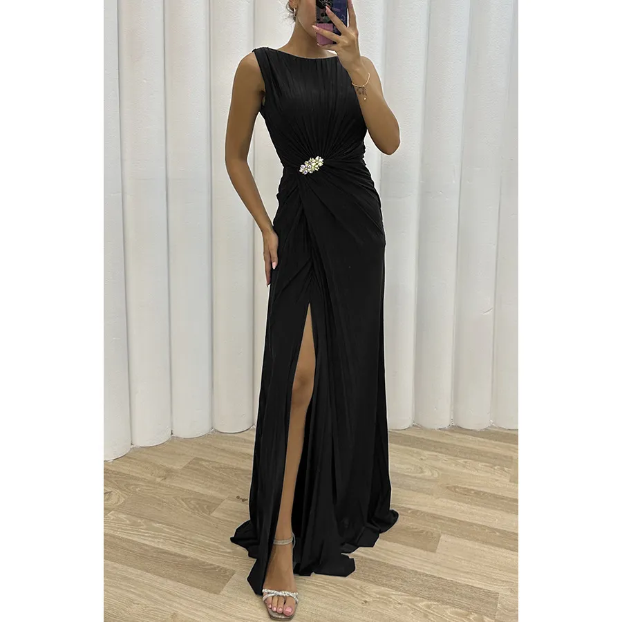 Pretty Special Pleated Embellished Slit Evening Maxi Dress